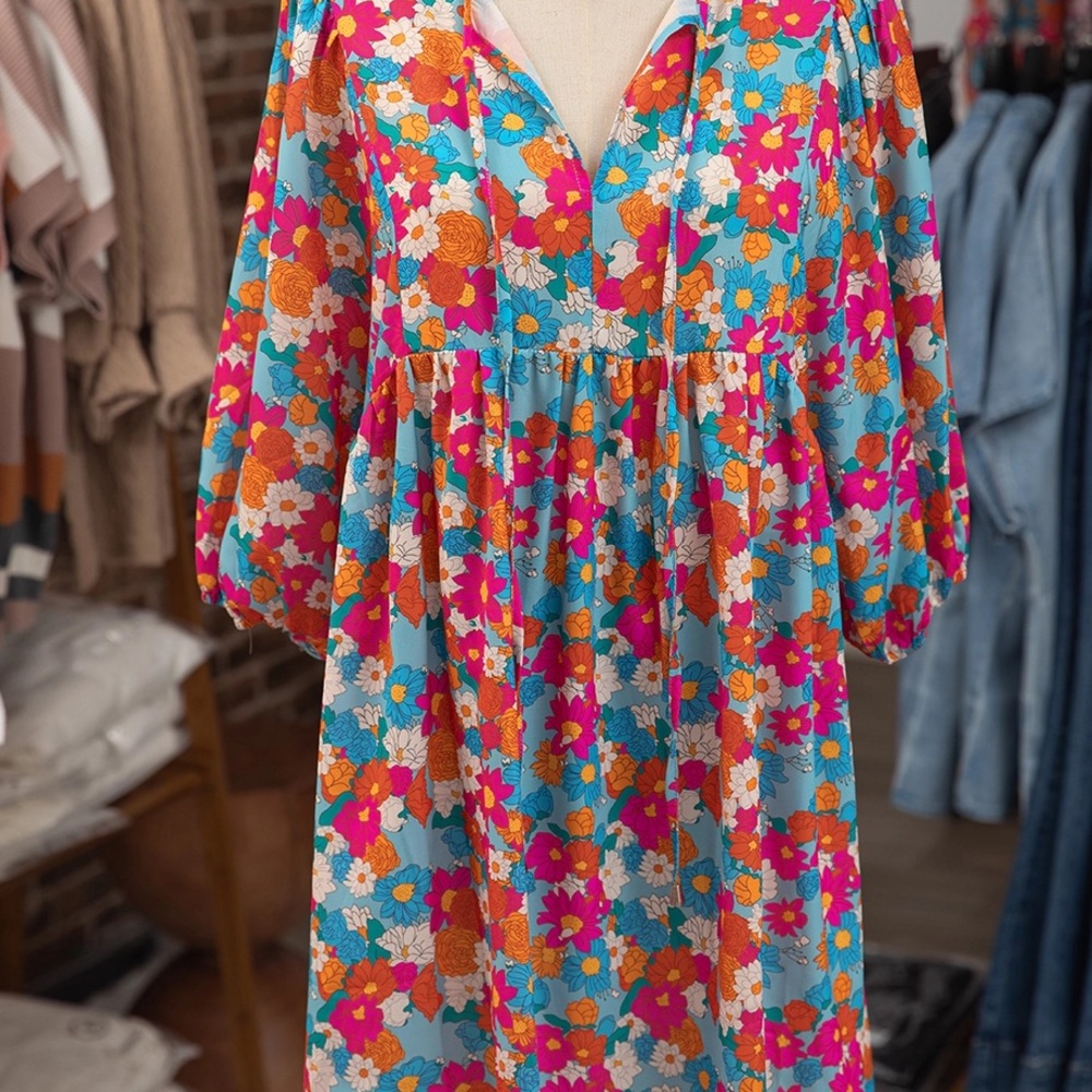 Floral Multicolor Dress with Puff Sleeves